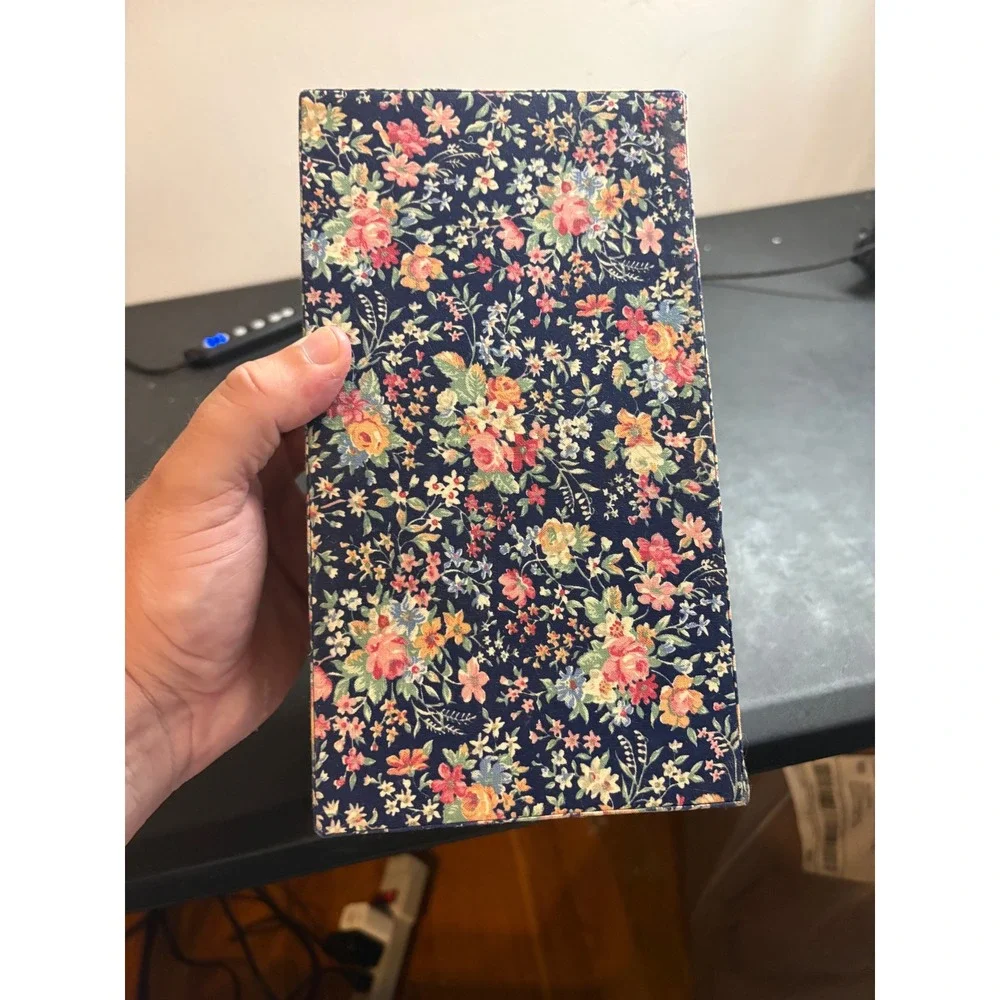 Vintage Floral Chintz Fabric Jewelry Box Navy Blue Mirror Organizer Tray